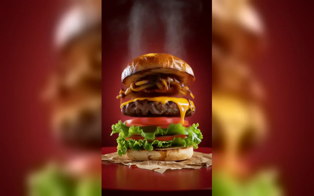 Un hamburger gourmet a strati sospesi su sfondo rosso, da uno spot di AI Ads