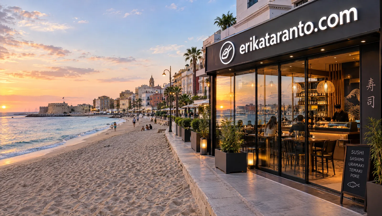 Strandpromenade bei Sonnenuntergang mit dem Sushi-Restaurant und dem Schild erikataranto.com