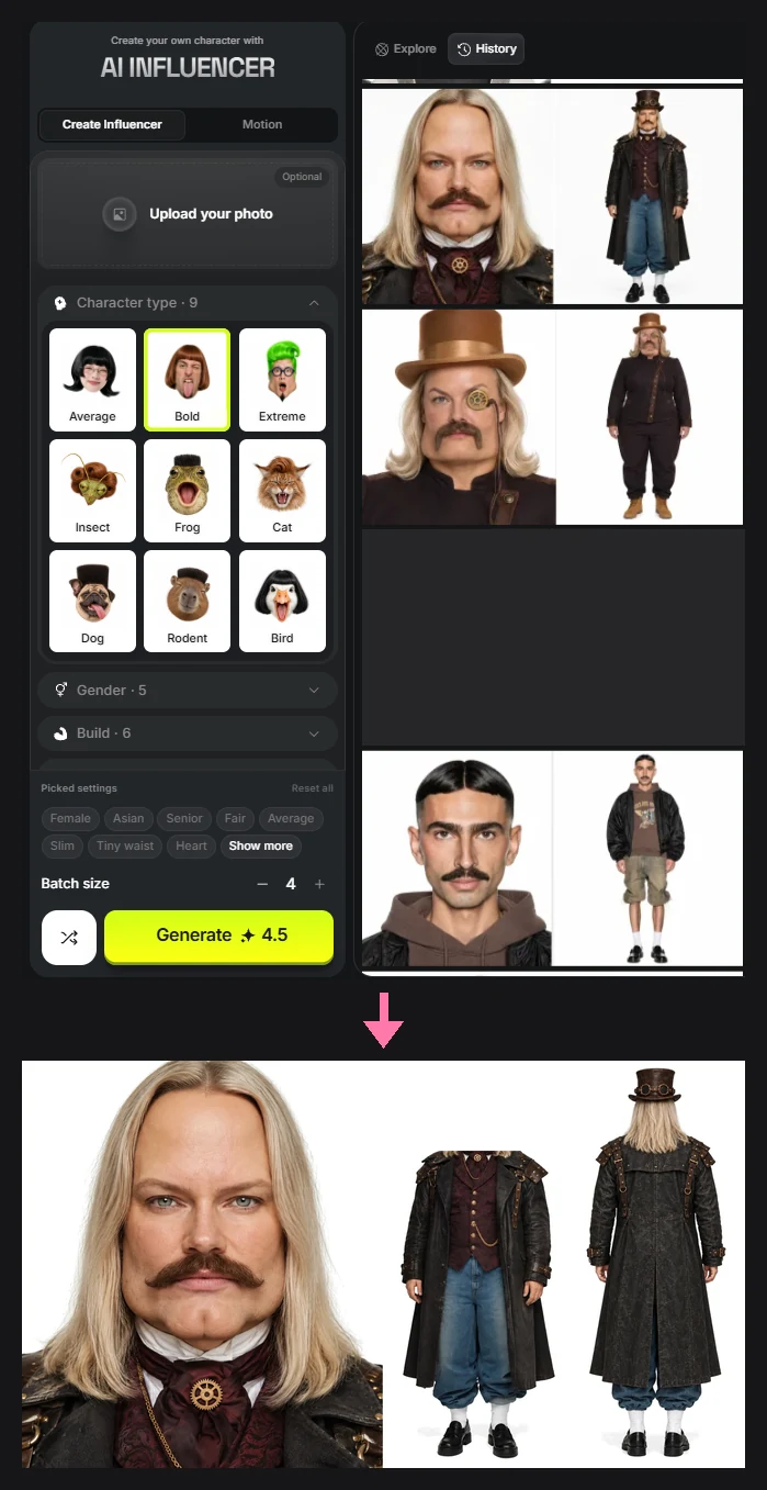 Oben das Tool AI Influencer von Higgsfield mit den bereits erzeugten Blättern, unten das fertige Blatt des Steampunk-Mannes: das Gesicht in Nahaufnahme, die Ganzkörperfigur von vorn ohne Kopf und die Ganzkörperfigur von hinten