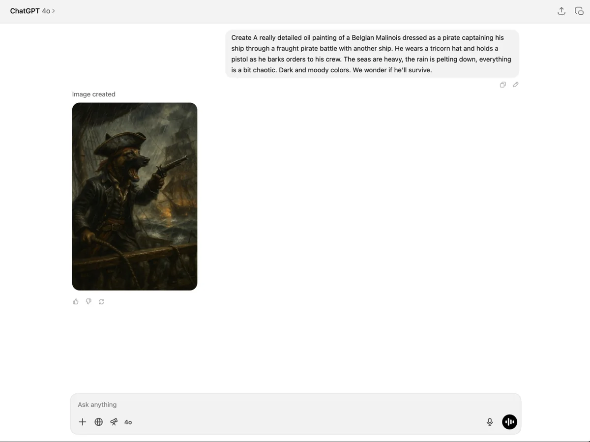 Prompt di esempio e immagine generata da ChatGPT su desktop