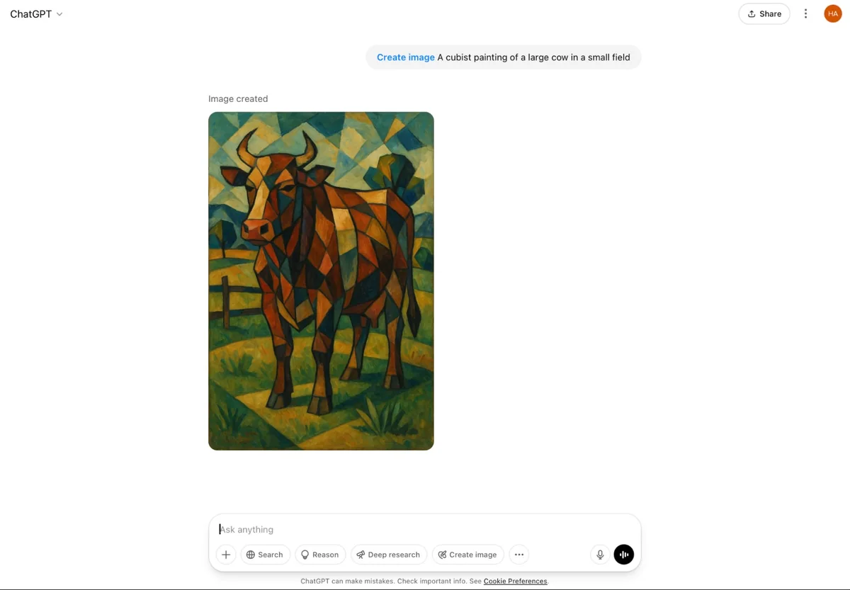 Interfaccia di ChatGPT che genera un'immagine da un prompt testuale