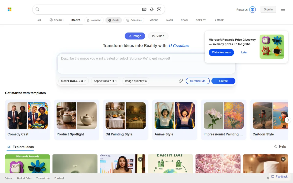 Interfaccia di Microsoft Copilot Designer per creare immagini con l'AI gratis