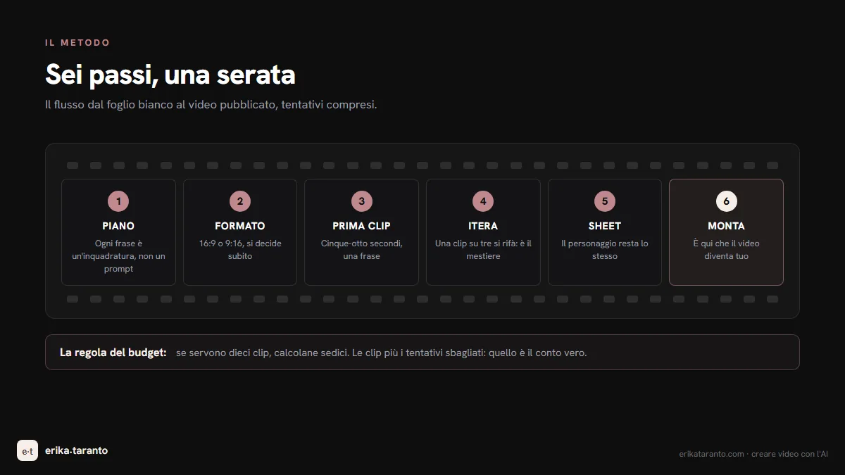 Infografica: il flusso di lavoro in sei passi, dal piano alla clip fino al montaggio
