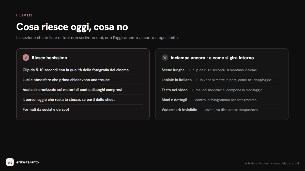 Infografica: due colonne su cosa riesce bene nei video AI oggi e dove fa fatica, con il rimedio per ogni limite