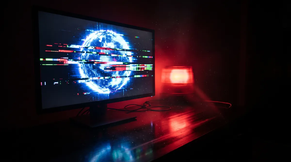 Uno schermo attraversato da un glitch digitale, con una spia rossa accesa