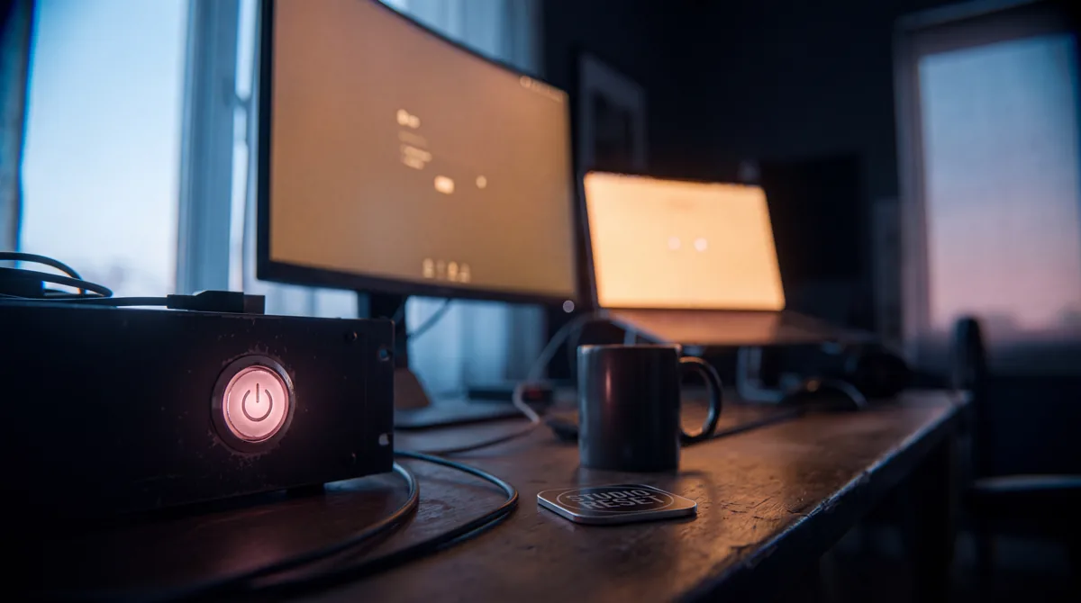 Una scrivania di studio all'alba: il tasto di accensione si illumina di rosa e gli schermi si riaccendono