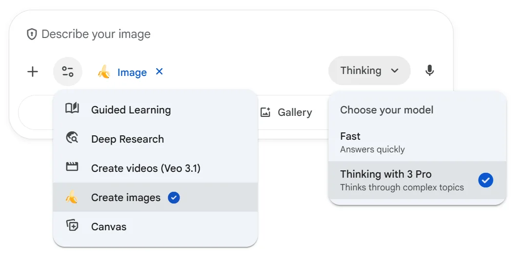 Interfaccia dell'app Gemini con lo strumento Crea immagini aperto