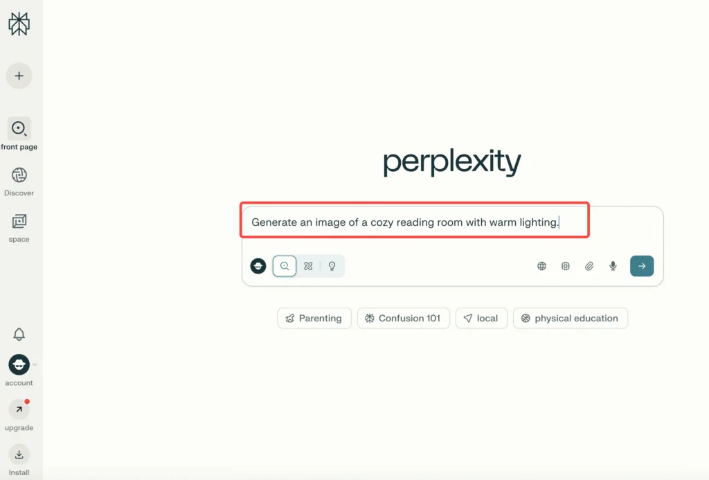 Interfaccia di Perplexity con un prompt scritto nella barra e l'immagine generata nella risposta