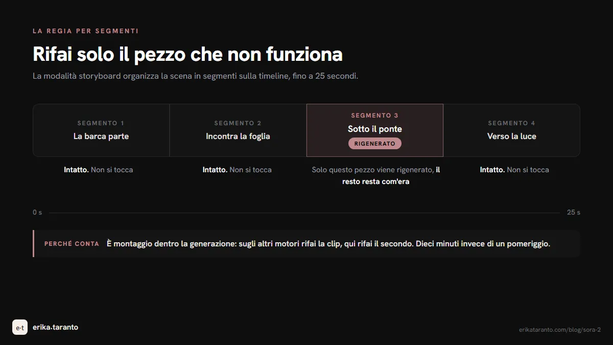 Lo storyboard di Sora 2: la scena organizzata in segmenti sulla timeline, dove ogni pezzo si rigenera da solo