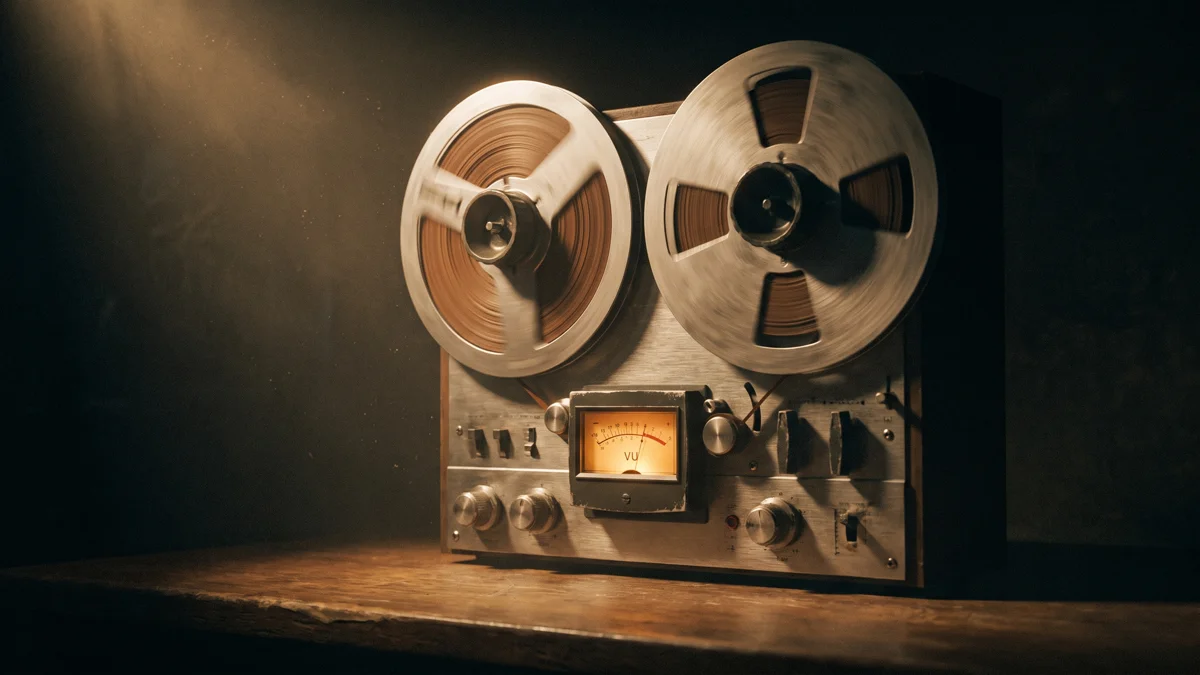 Un registratore a nastro vintage che registra in una stanza buia, illuminato da una luce calda: la voce si incide finché è tua